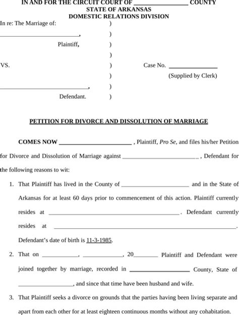 Printable Divorce Papers Arkansas